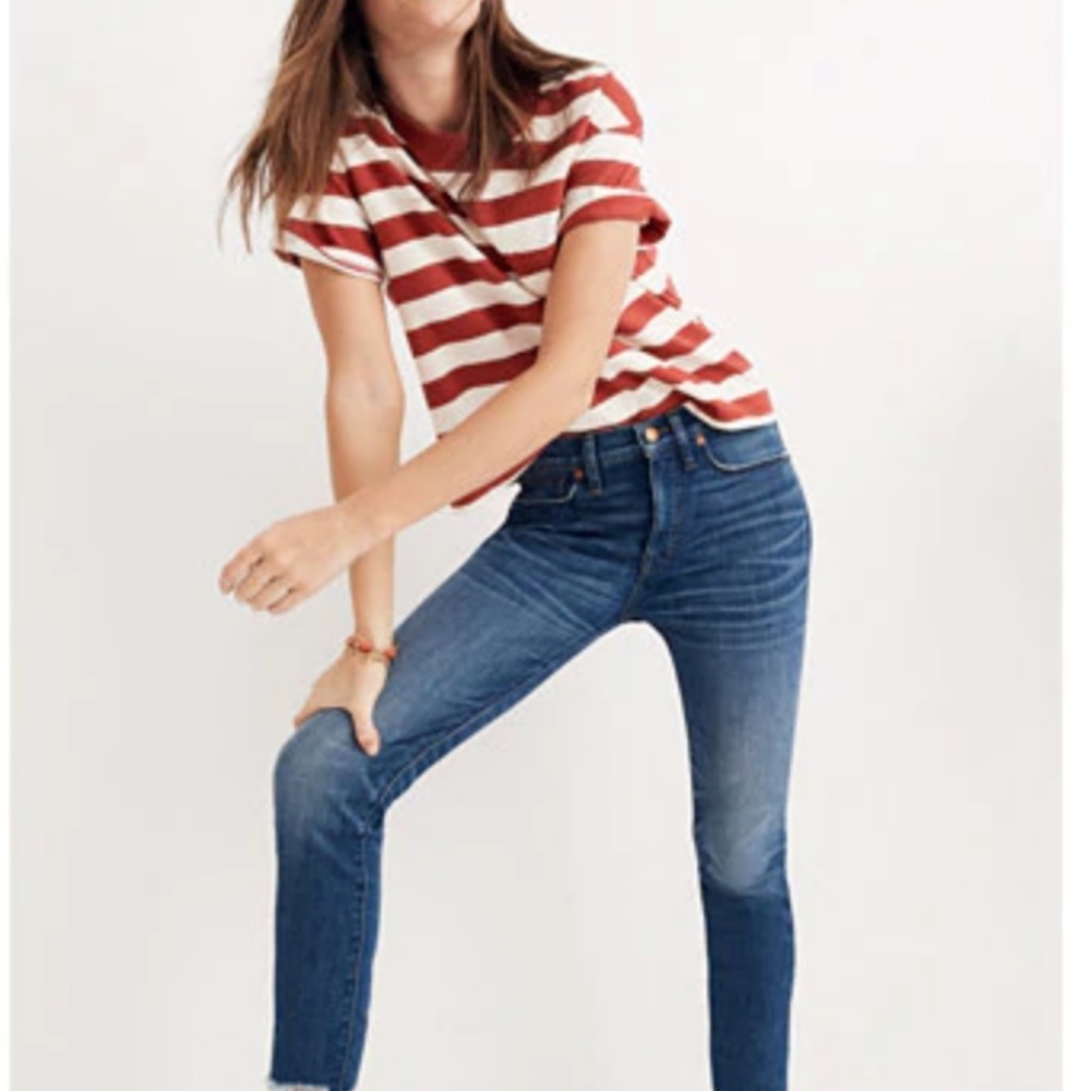 Dark-wash, high-waisted skinny jeans